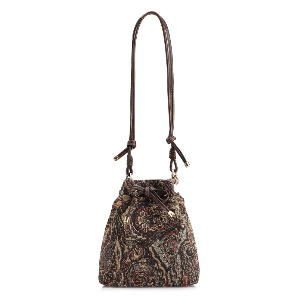 Bolsa Bucket Jacquard Paisley  /Couro Marrom Escuro
