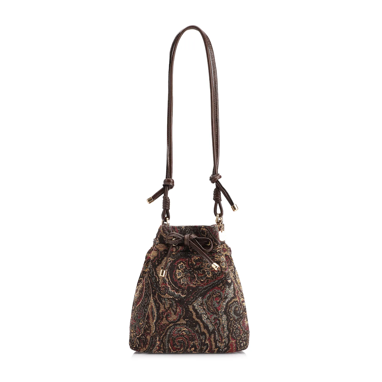 Bolsa Bucket Jacquard Paisley  /Couro Marrom Escuro