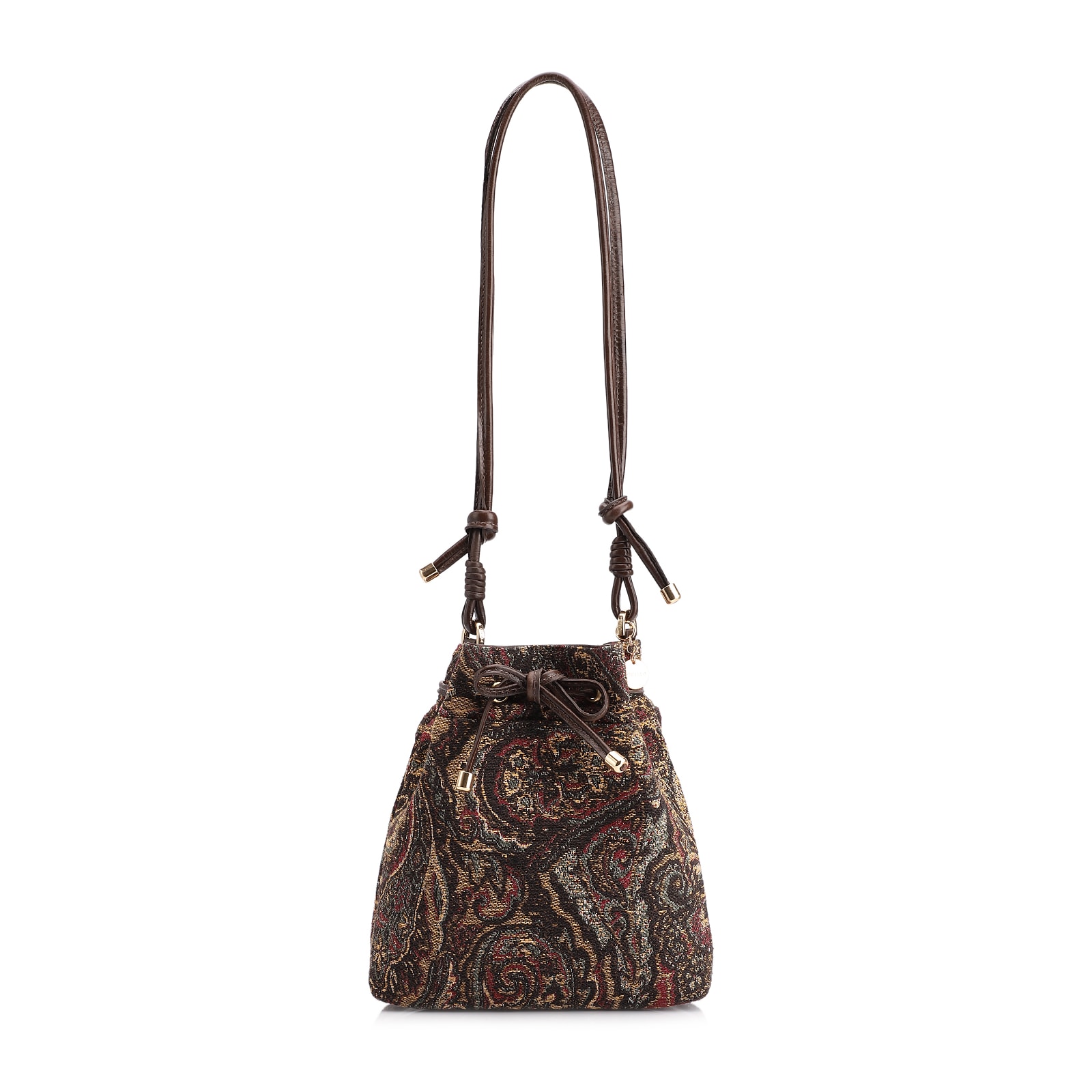 Bolsa Bucket Jacquard Paisley /Couro Marrom Escuro