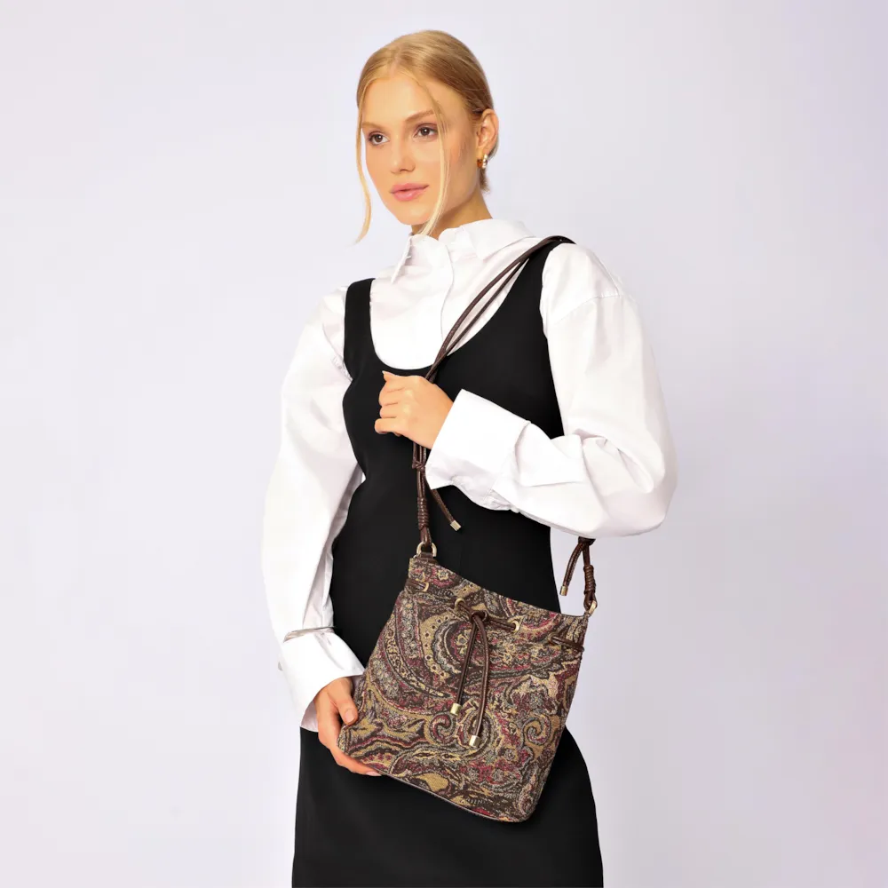 Bolsa Bucket Jacquard Paisley  /Couro Marrom Escuro - imagem 2