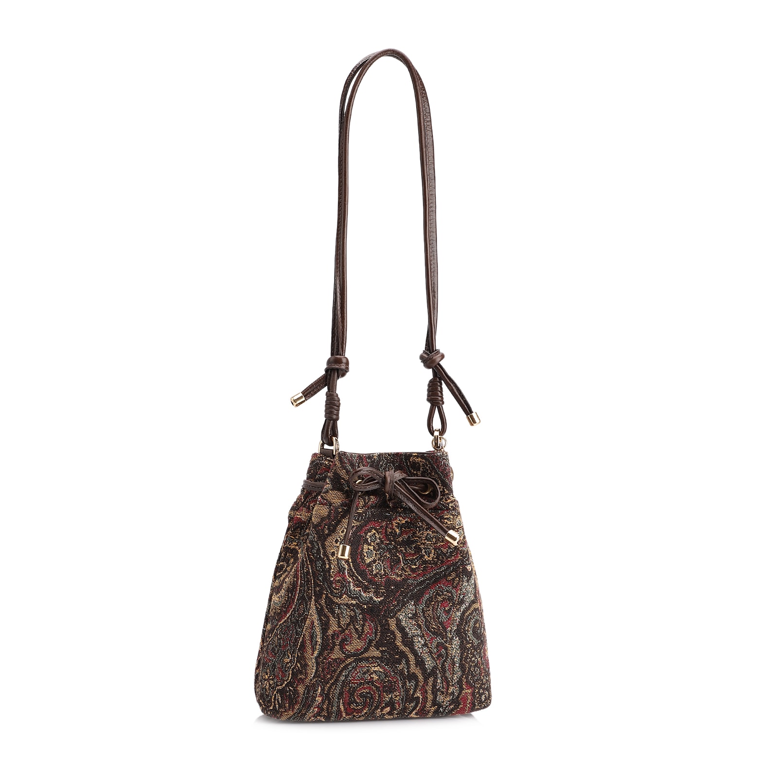 Bolsa Bucket Jacquard Paisley /Couro Marrom Escuro