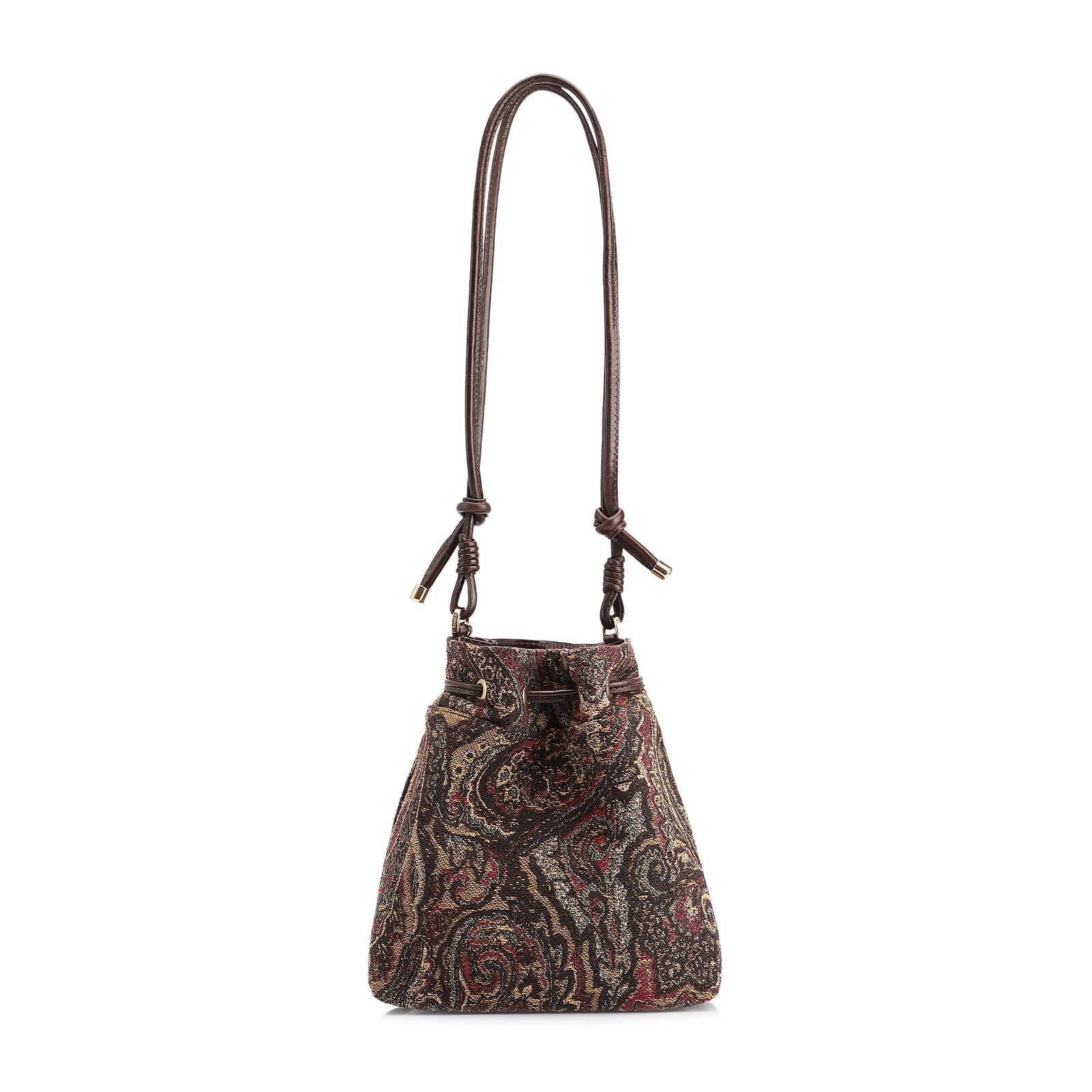 Bolsa Bucket Jacquard Paisley /Couro Marrom Escuro