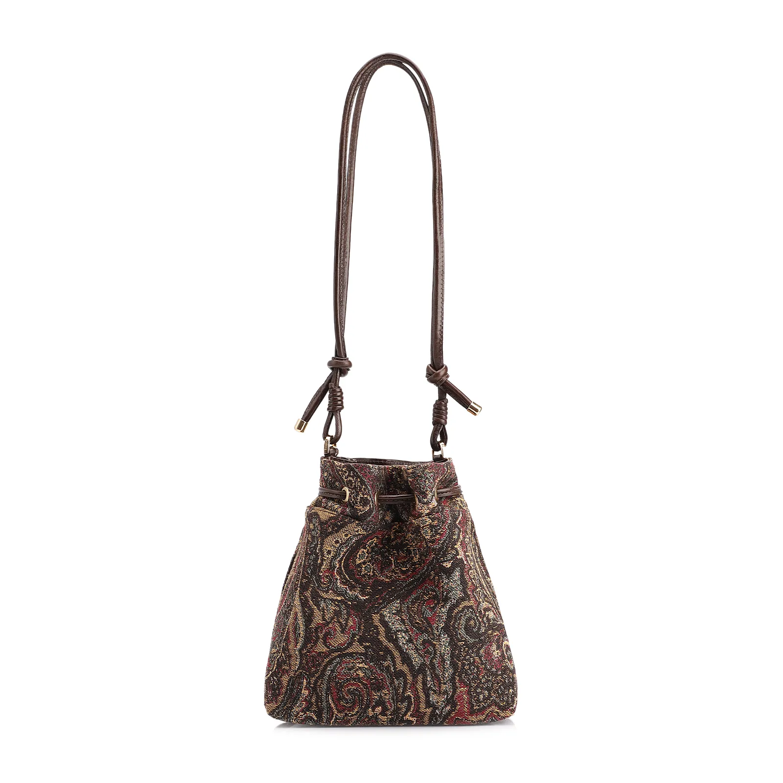 Bolsa Bucket Jacquard Paisley /Couro Marrom Escuro