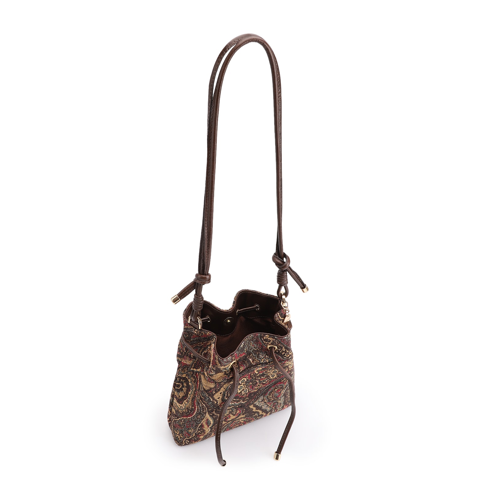 Bolsa Bucket Jacquard Paisley /Couro Marrom Escuro