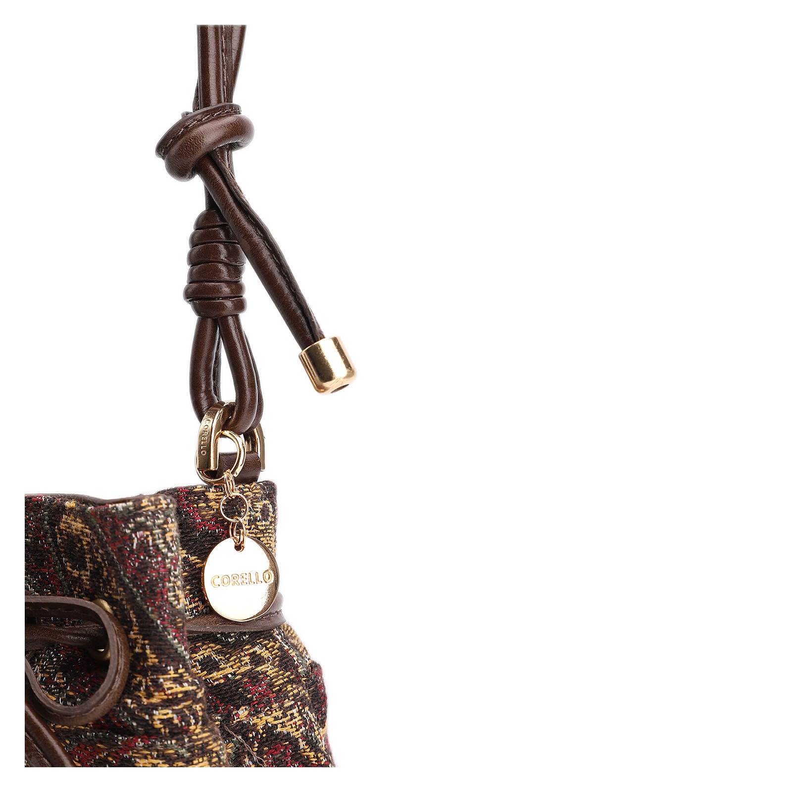 Bolsa Bucket Jacquard Paisley /Couro Marrom Escuro