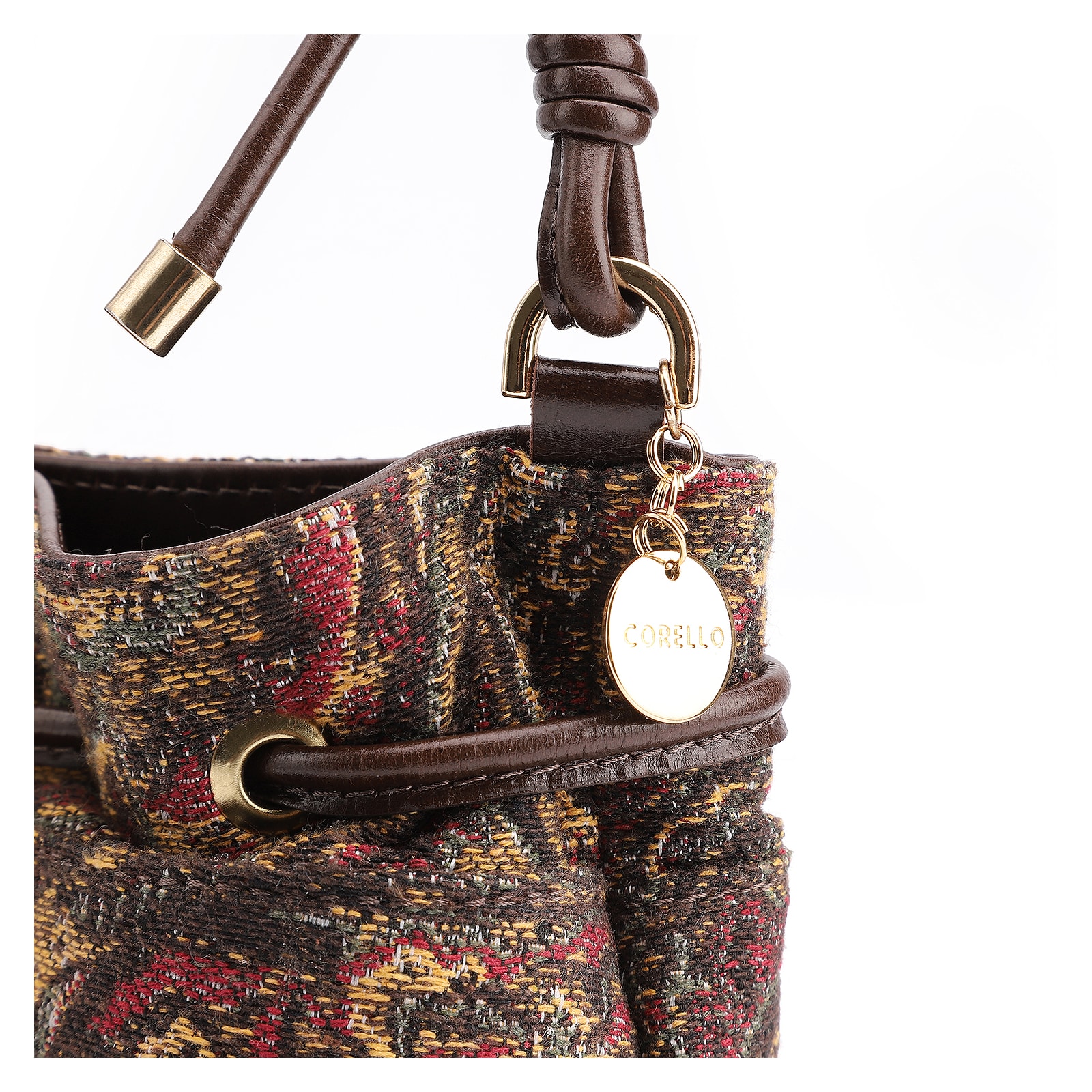 Bolsa Bucket Jacquard Paisley /Couro Marrom Escuro