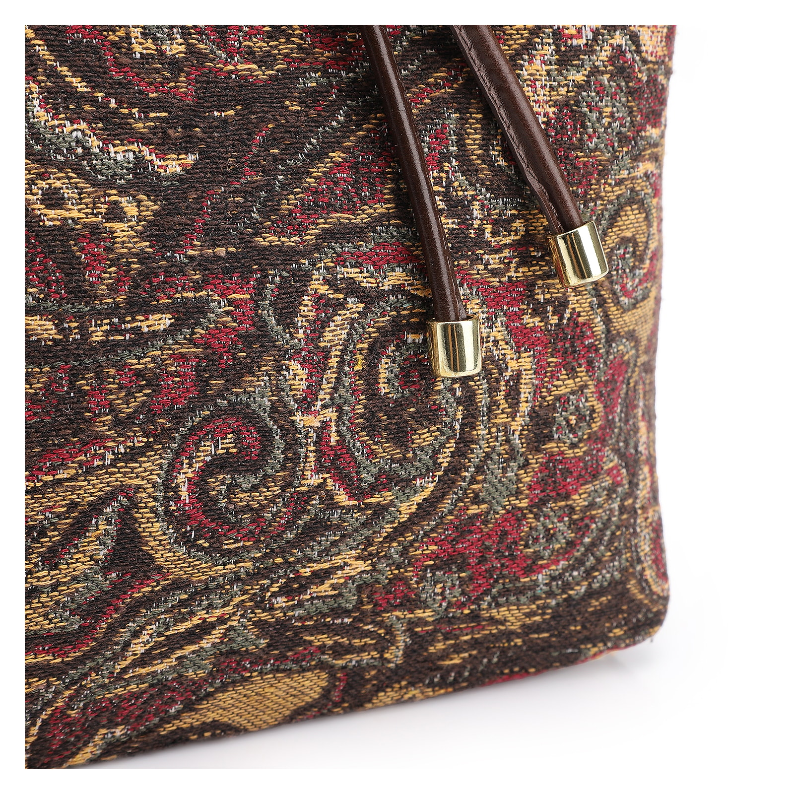 Bolsa Bucket Jacquard Paisley /Couro Marrom Escuro