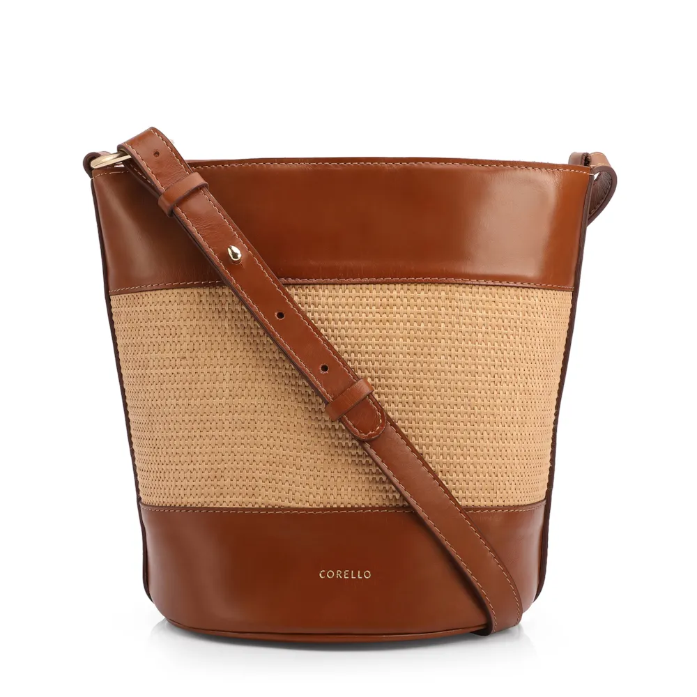 Bolsa Bucket Média Marrom Claro Couro Acabamento Ráfia