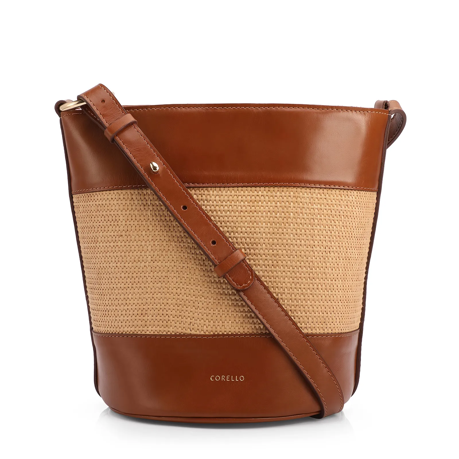 Bolsa Bucket Média Marrom Claro Couro Acabamento Ráfia