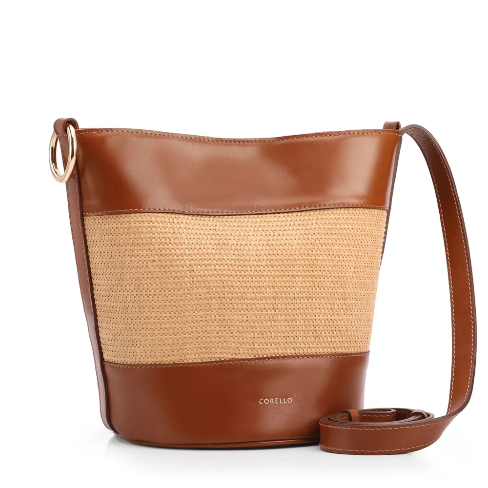Bolsa Bucket Média Marrom Claro Couro Acabamento Ráfia - imagem 2