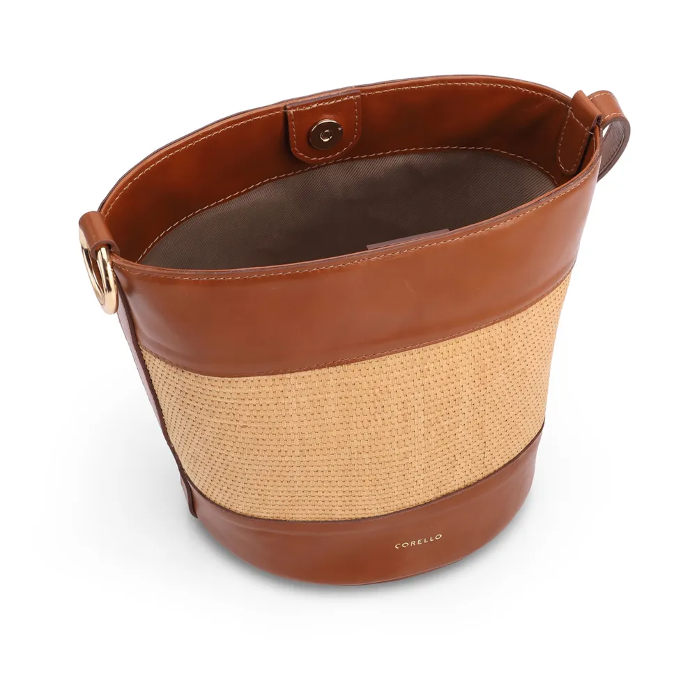 Bolsa Bucket Média Marrom Claro Couro Acabamento Ráfia - imagem 4