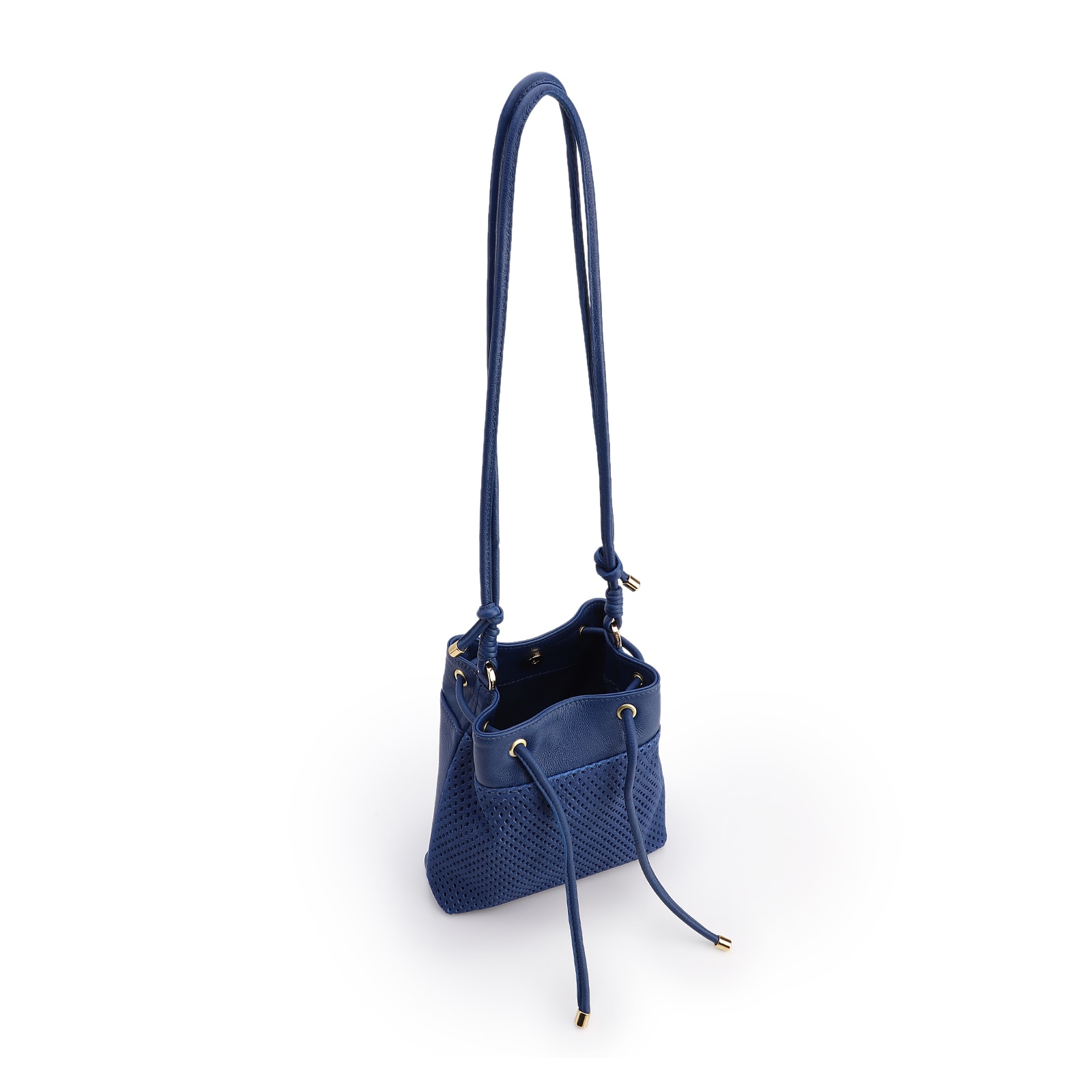 Bolsa Bucket Pequena Couro Nobuck Floater Azul Perfuro