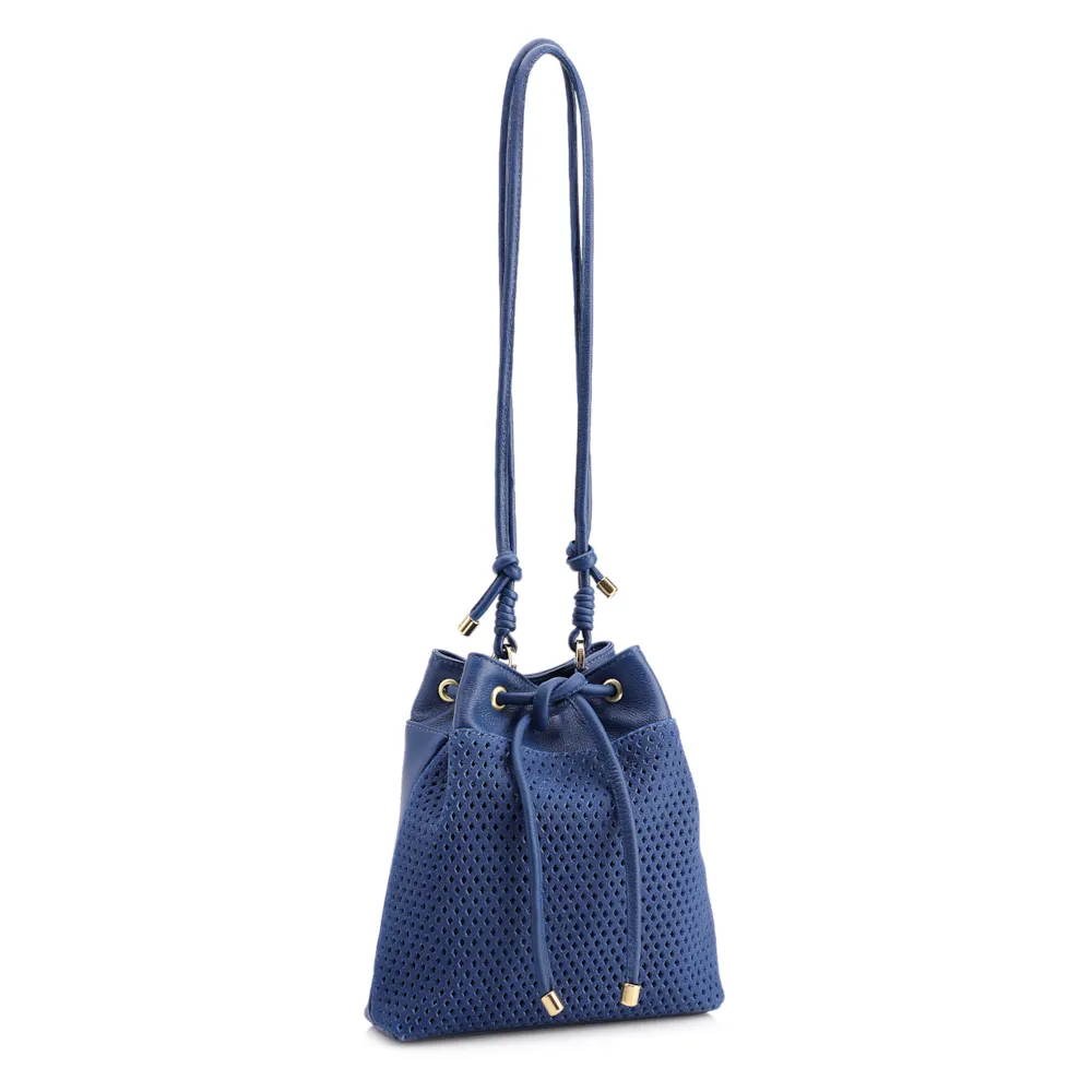 Bolsa Bucket Pequena Couro Nobuck Floater Azul Perfuro - imagem 2