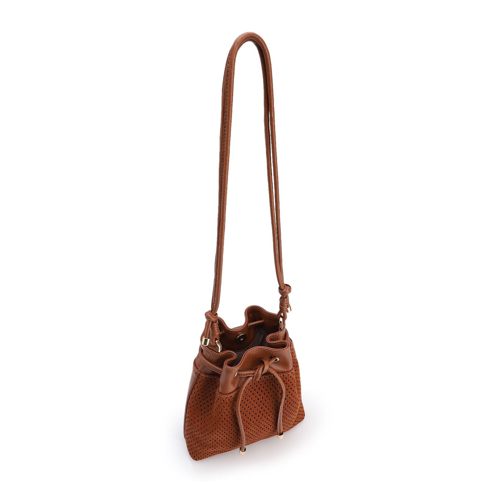 Bolsa Bucket Pequena Couro Nobuck Floater Marrom Claro Perfuro