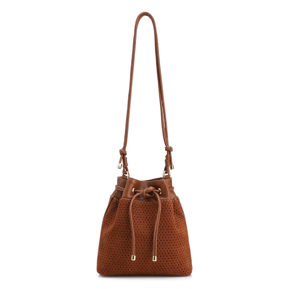 Bolsa Bucket Pequena Couro Nobuck Floater Marrom Claro Perfuro