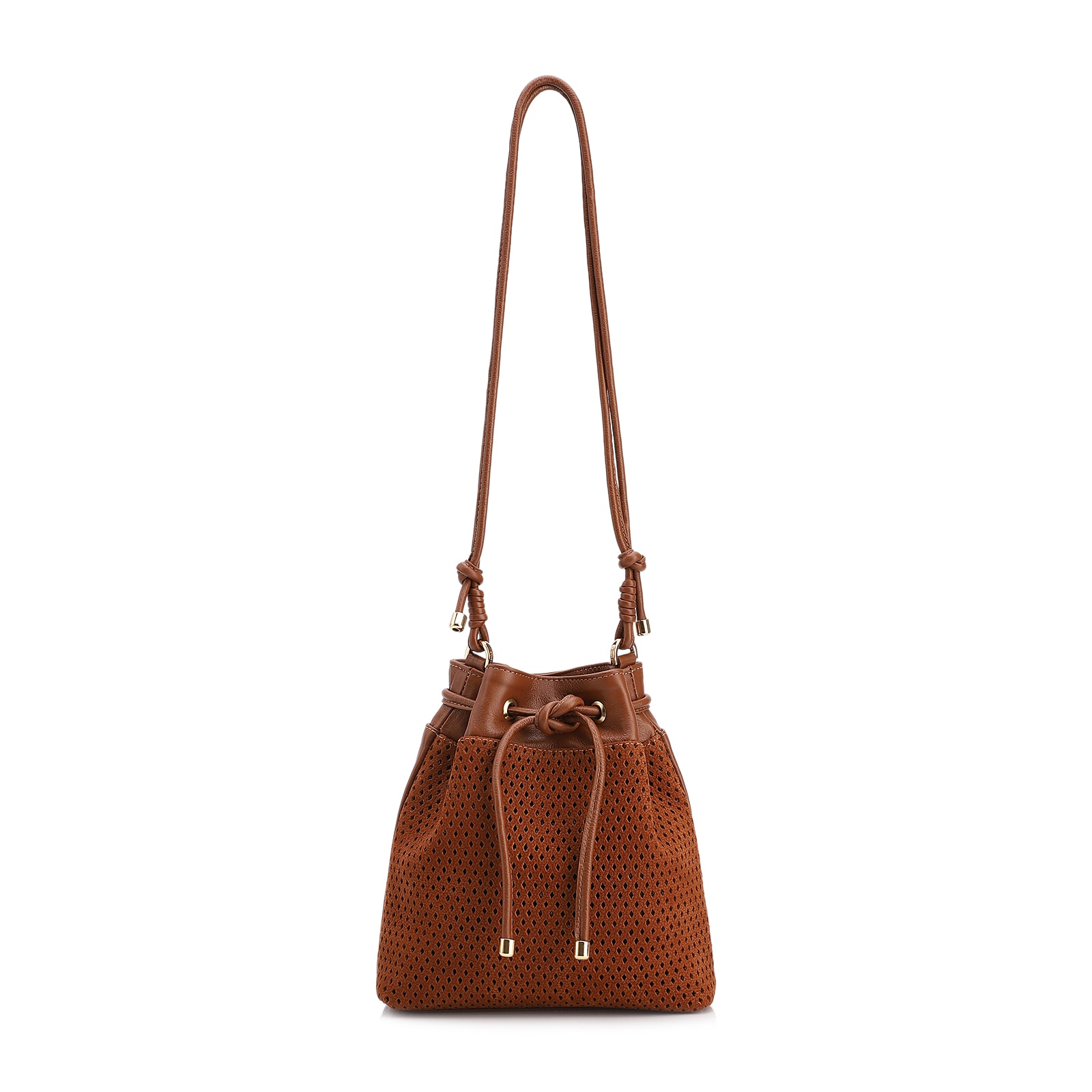 Bolsa Bucket Pequena Couro Nobuck Floater Marrom Claro Perfuro