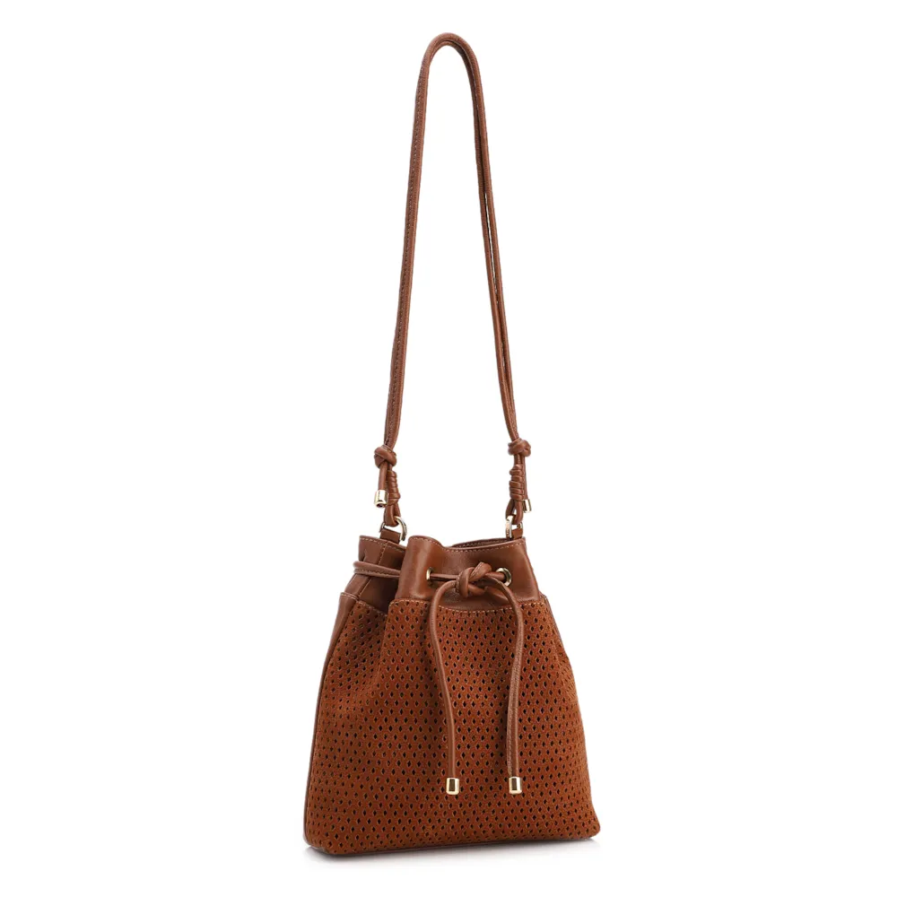 Bolsa Bucket Pequena Couro Nobuck Floater Marrom Claro Perfuro - imagem 2