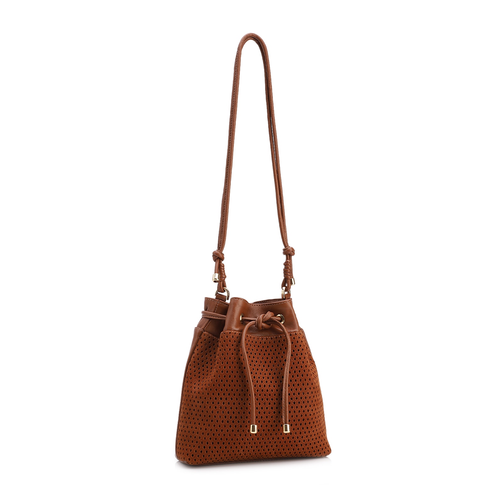 Bolsa Bucket Pequena Couro Nobuck Floater Marrom Claro Perfuro