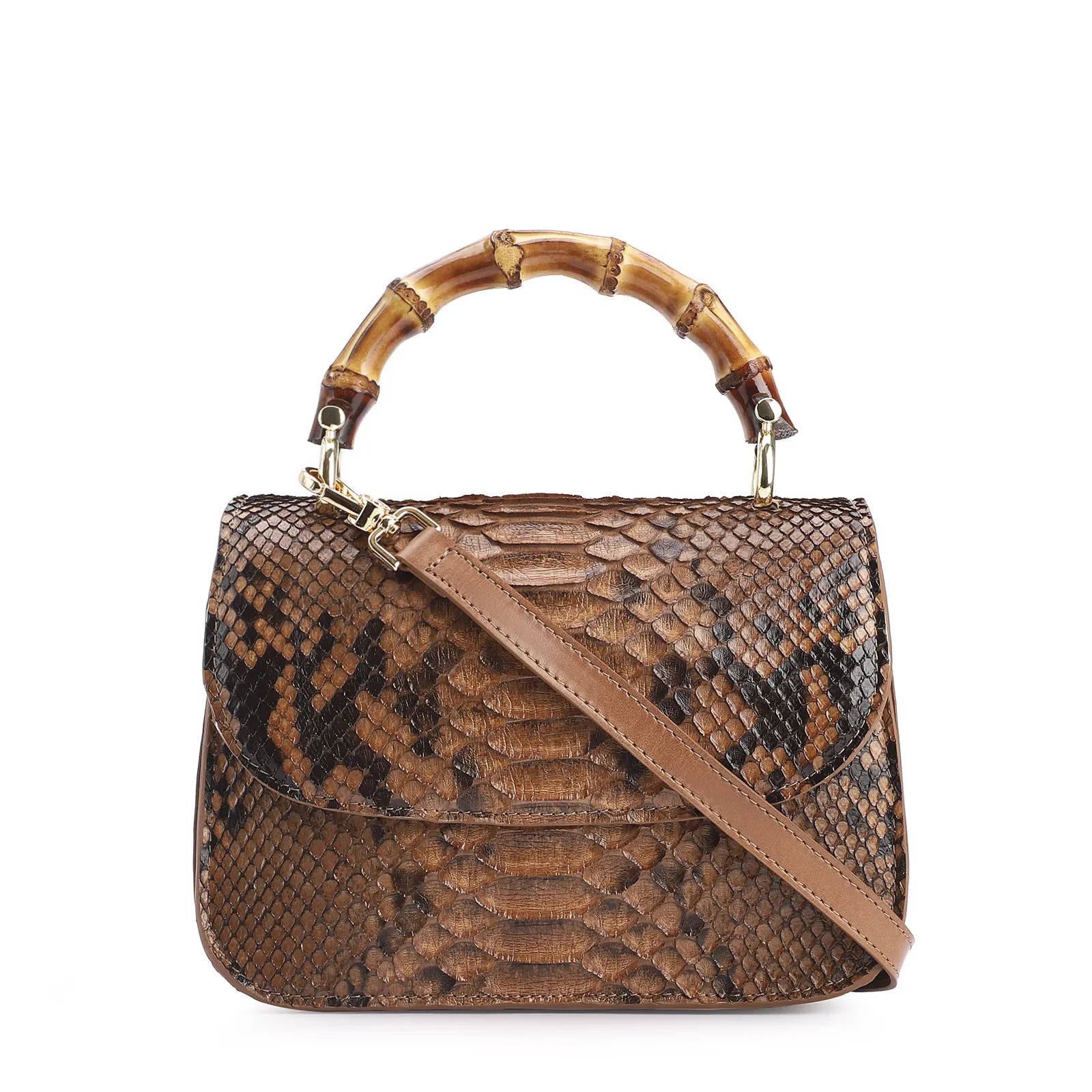 Bolsa De Mão Bambu Couro Marrom