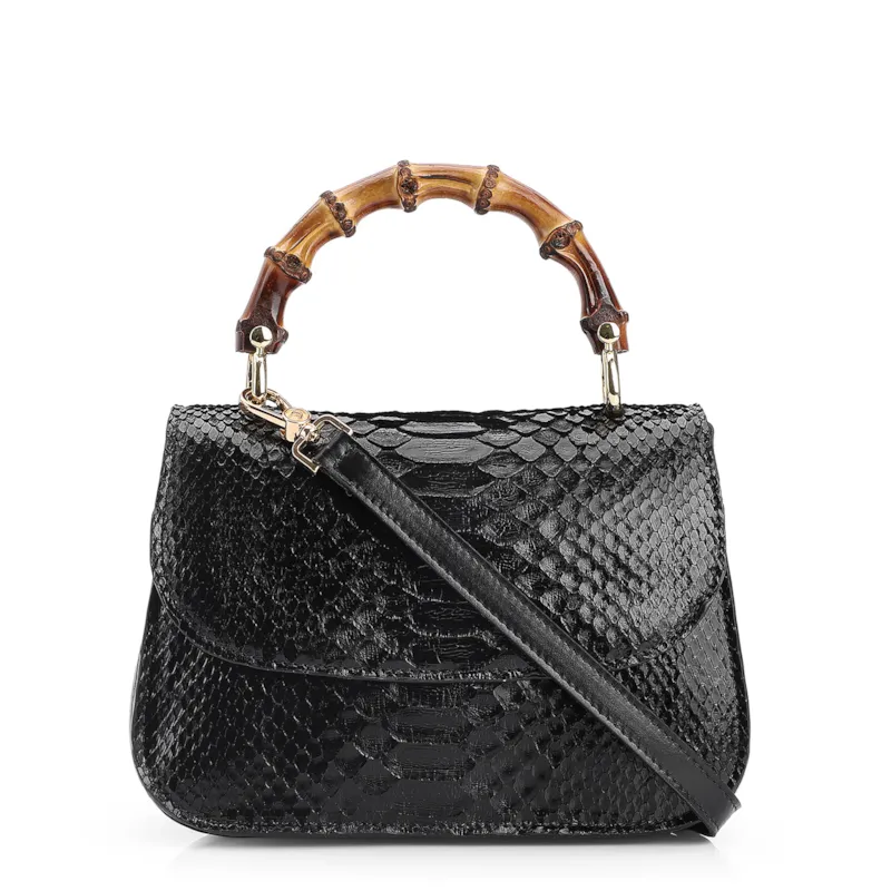 Bolsa De Mão Bambu Couro Preto
