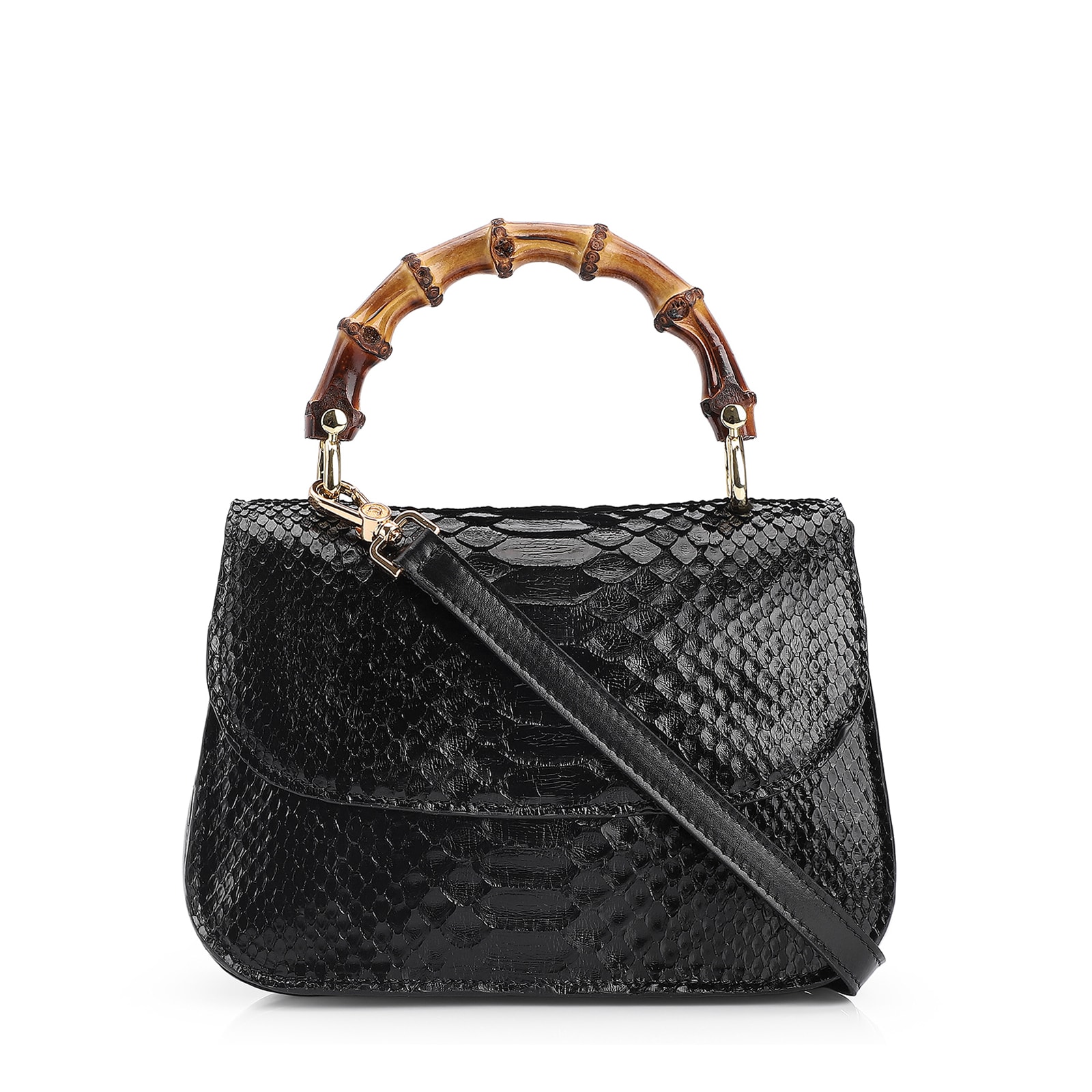 Bolsa De Mão Bambu Couro Preto