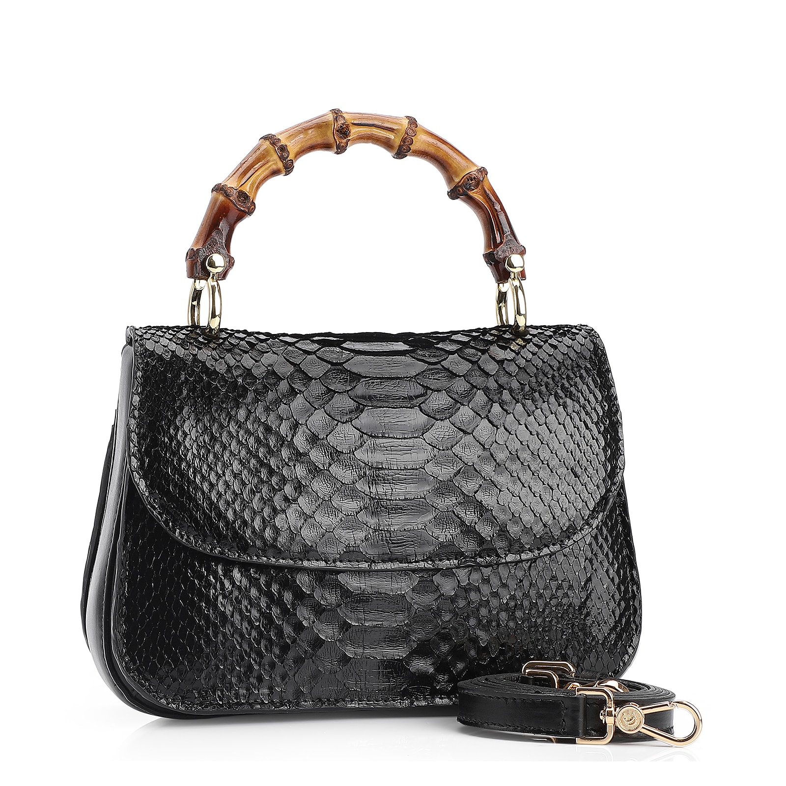 Bolsa De Mão Bambu Couro Preto