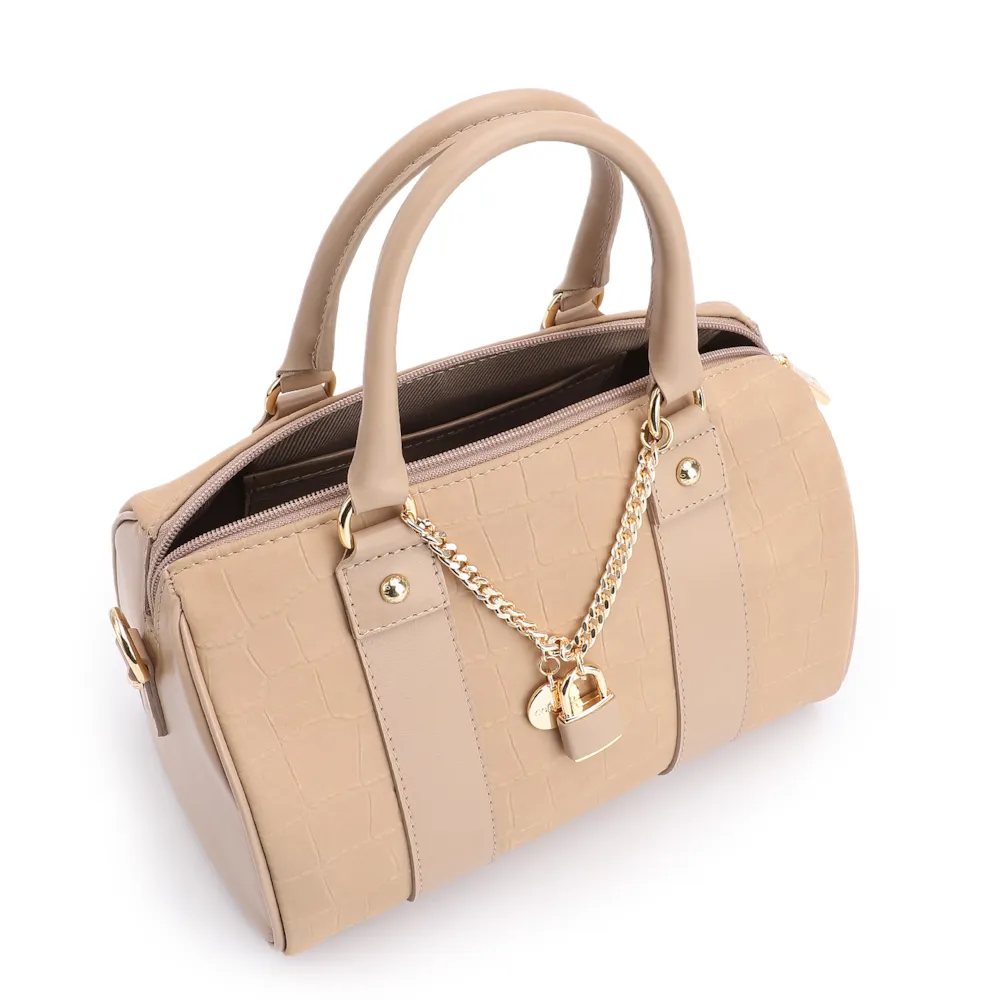 Bolsa De Mão Bowling Couro Nobuck Croco/Couro Bege - imagem 4