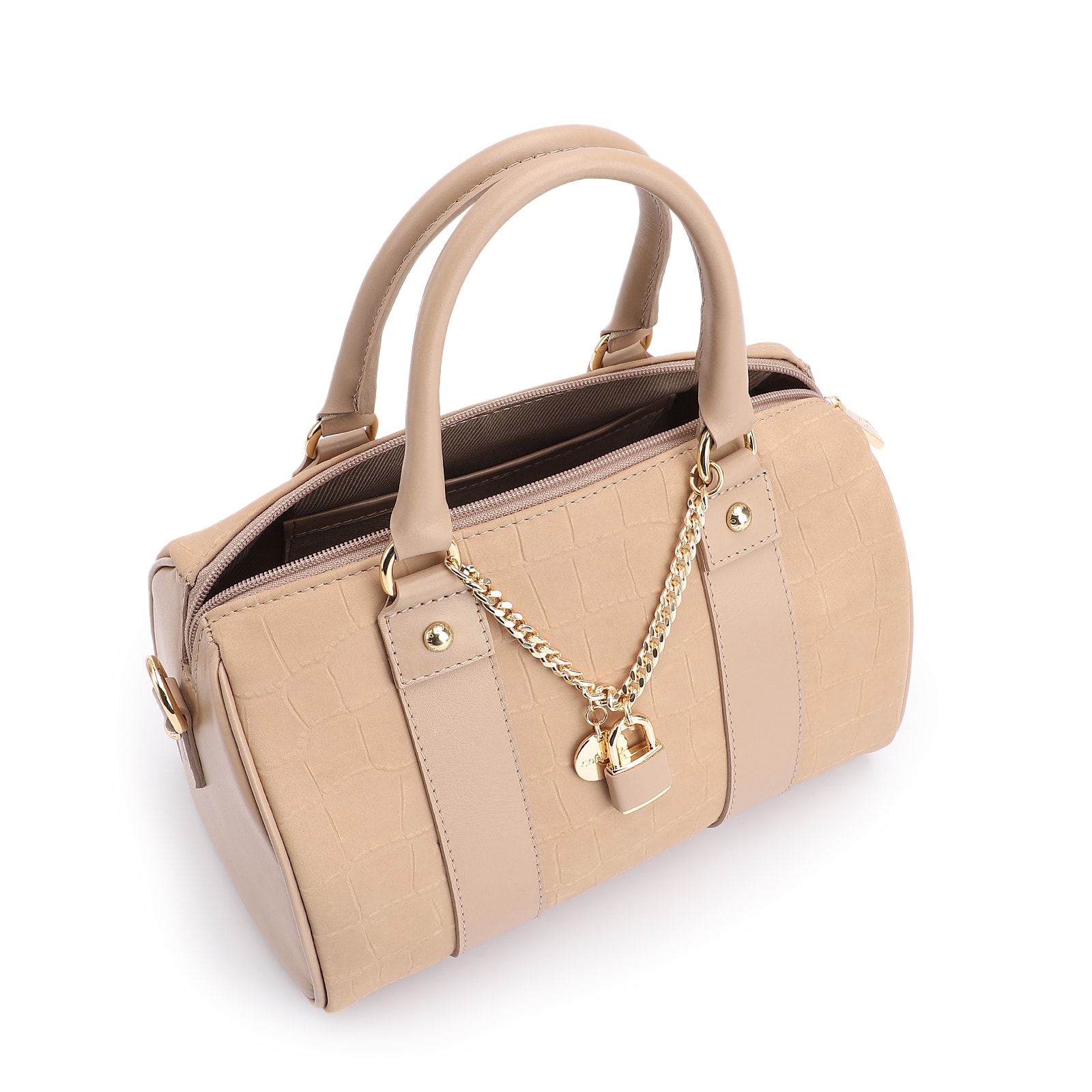 Bolsa De Mão Bowling Couro Nobuck Croco/Couro Bege