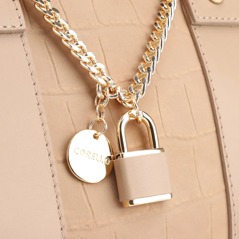 Bolsa De Mão Bowling Couro Nobuck Croco/Couro Bege - imagem 6