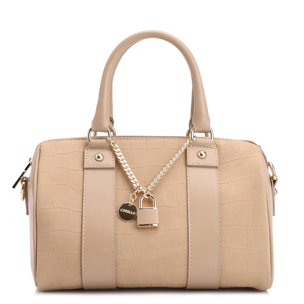 Bolsa De Mão Bowling Couro Nobuck Croco/Couro Bege