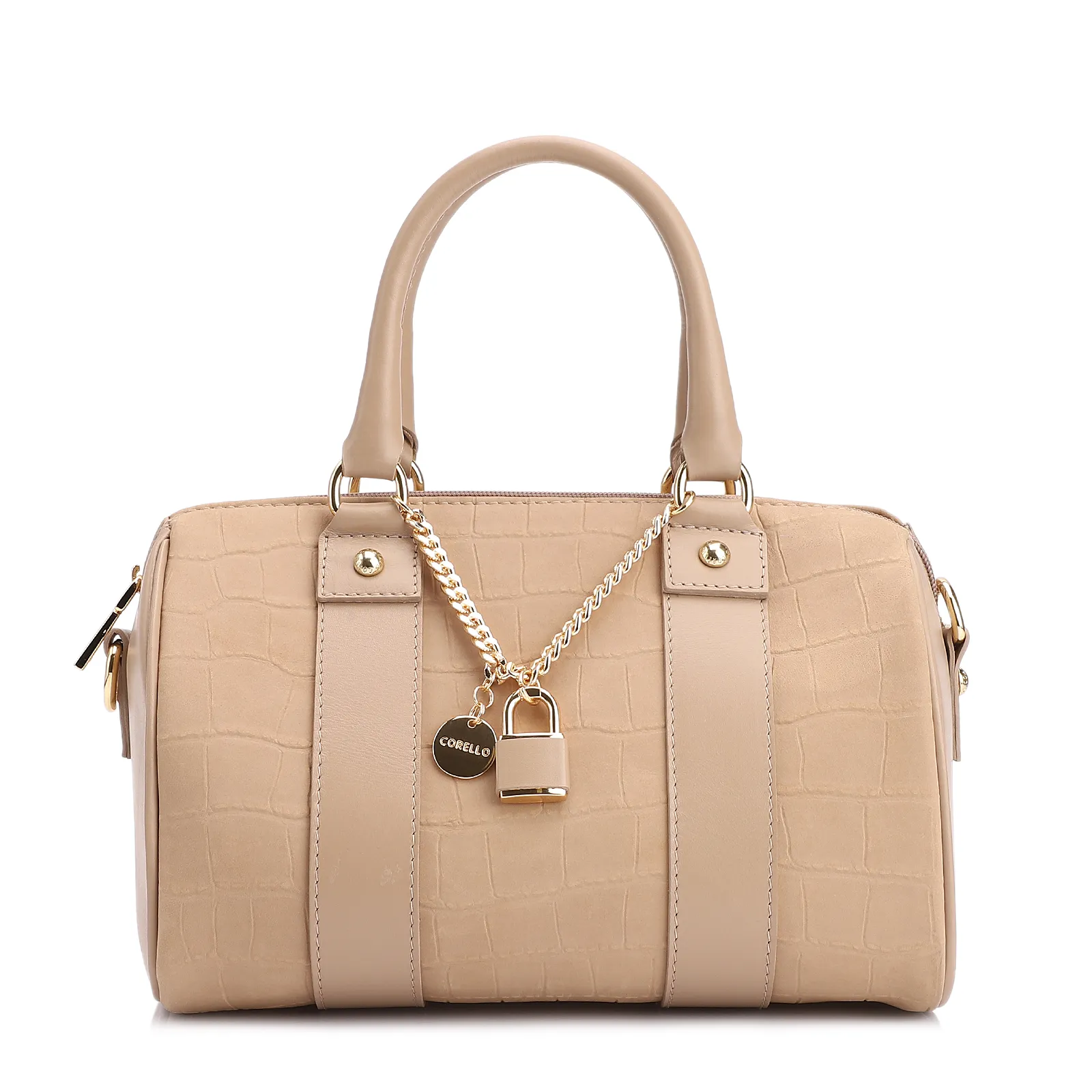 Bolsa De Mão Bowling Couro Nobuck Croco/Couro Bege