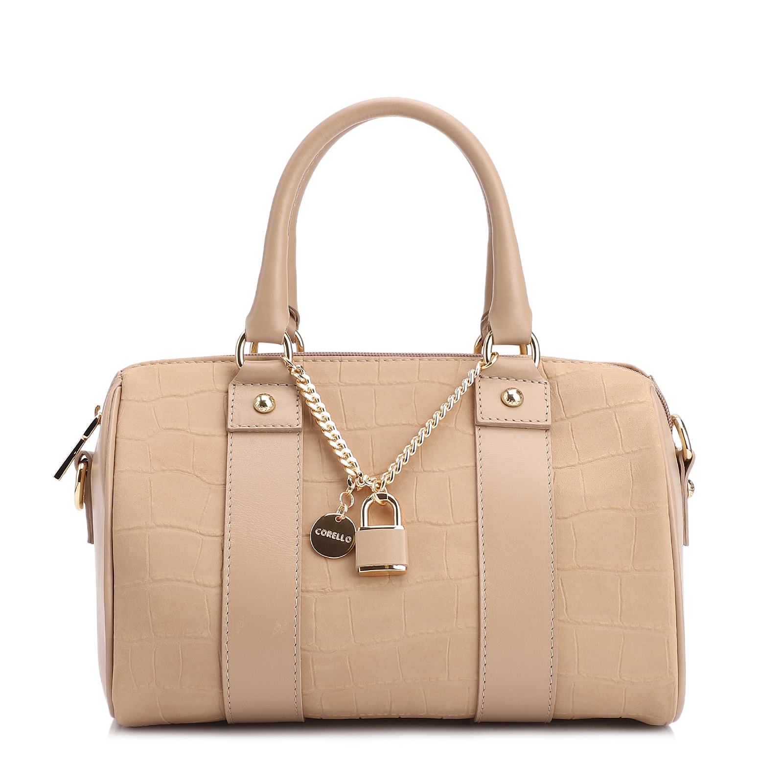 Bolsa De Mão Bowling Couro Nobuck Croco/Couro Bege