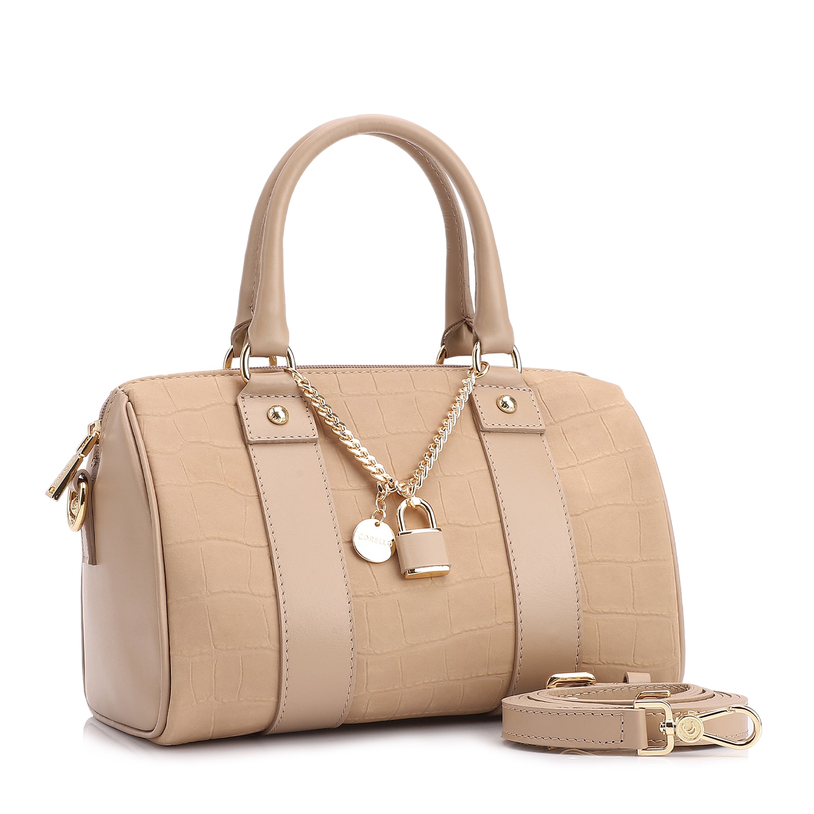 Bolsa De Mão Bowling Couro Nobuck Croco/Couro Bege