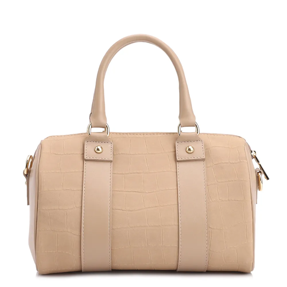 Bolsa De Mão Bowling Couro Nobuck Croco/Couro Bege - imagem 3