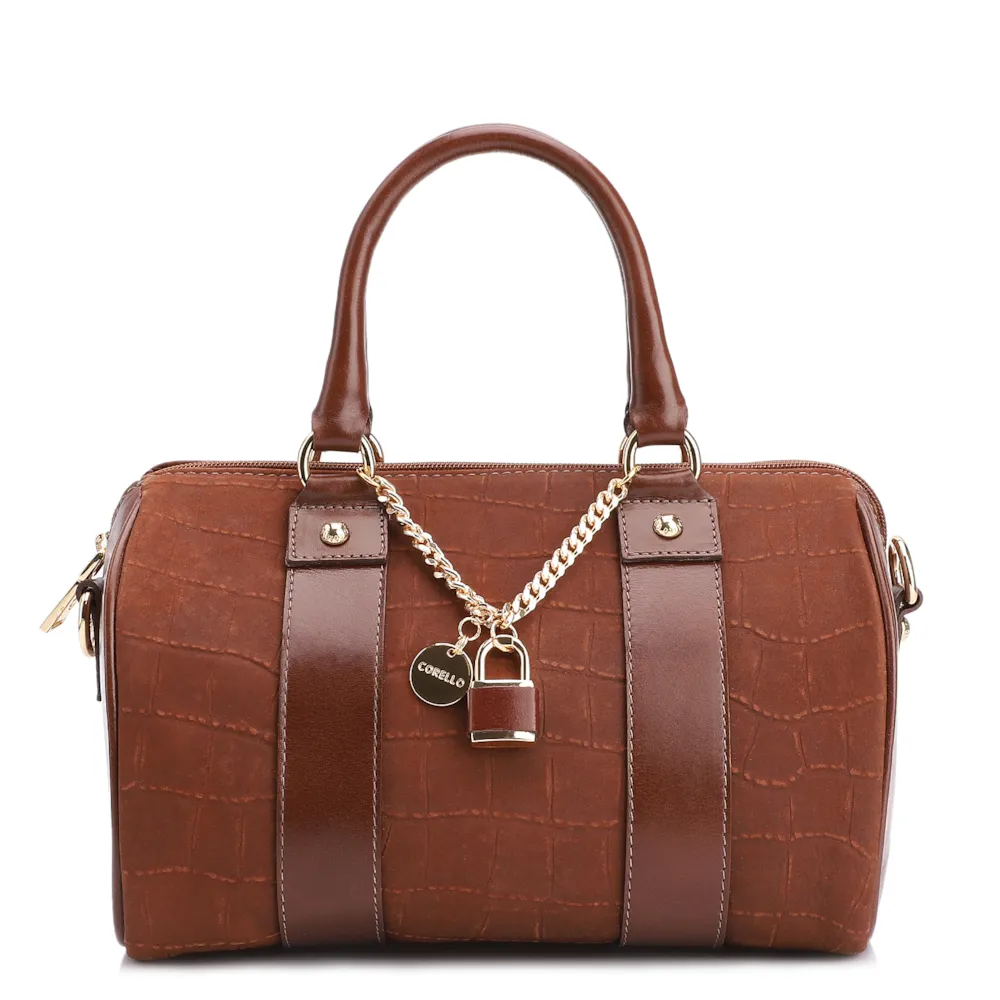 Bolsa De Mão Bowling Couro Nobuck Croco/Couro Marrom