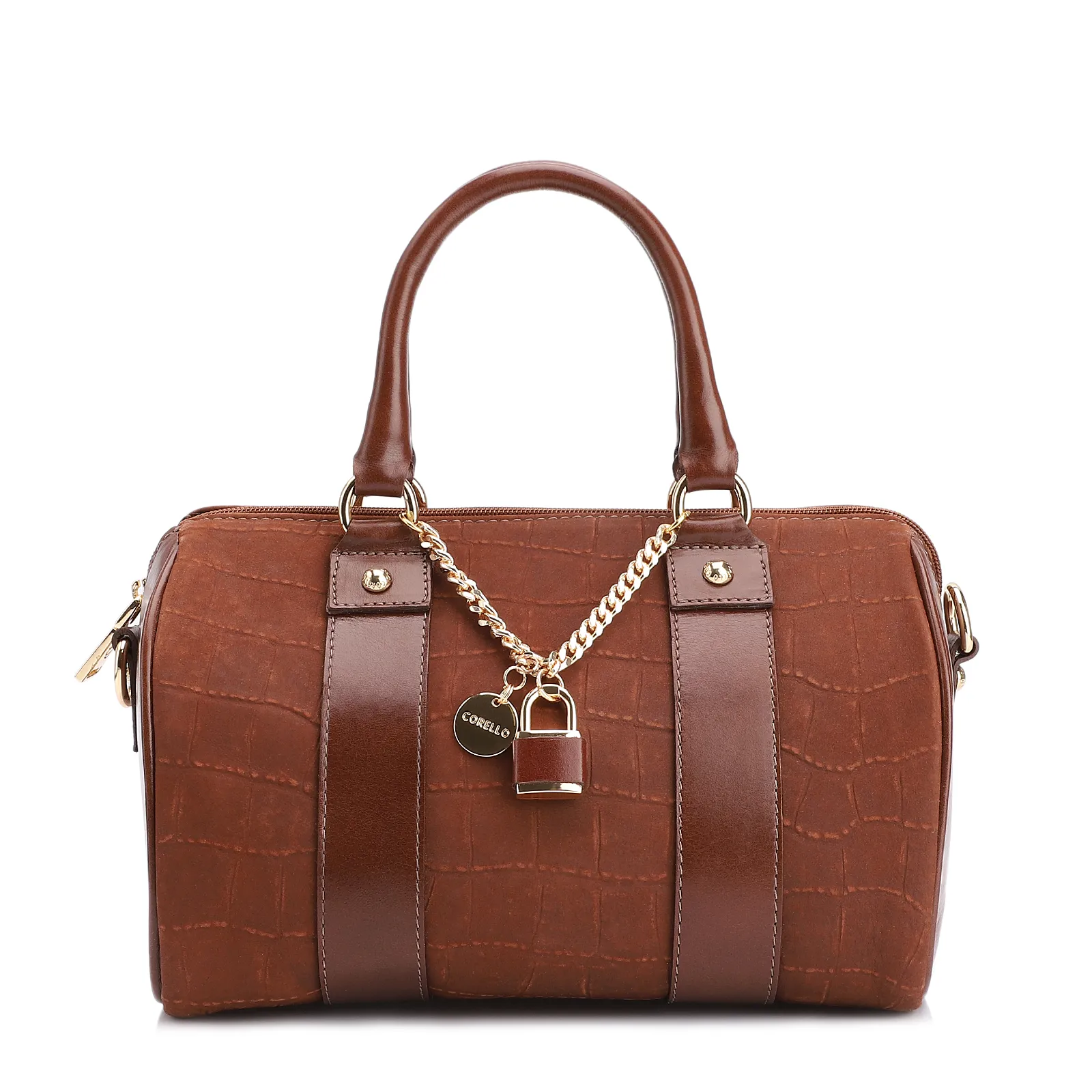 Bolsa De Mão Bowling Couro Nobuck Croco/Couro Marrom