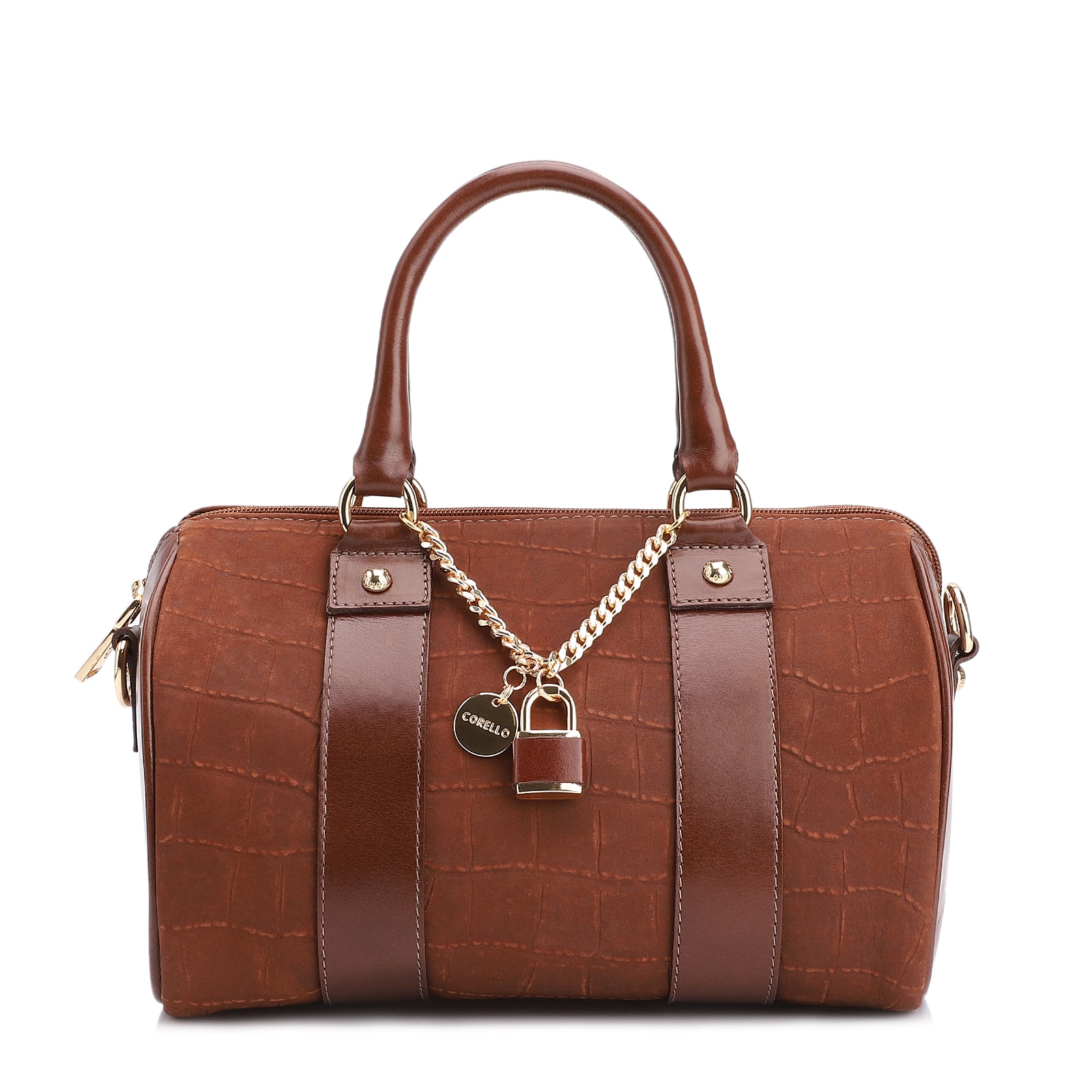 Bolsa De Mão Bowling Couro Nobuck Croco/Couro Marrom