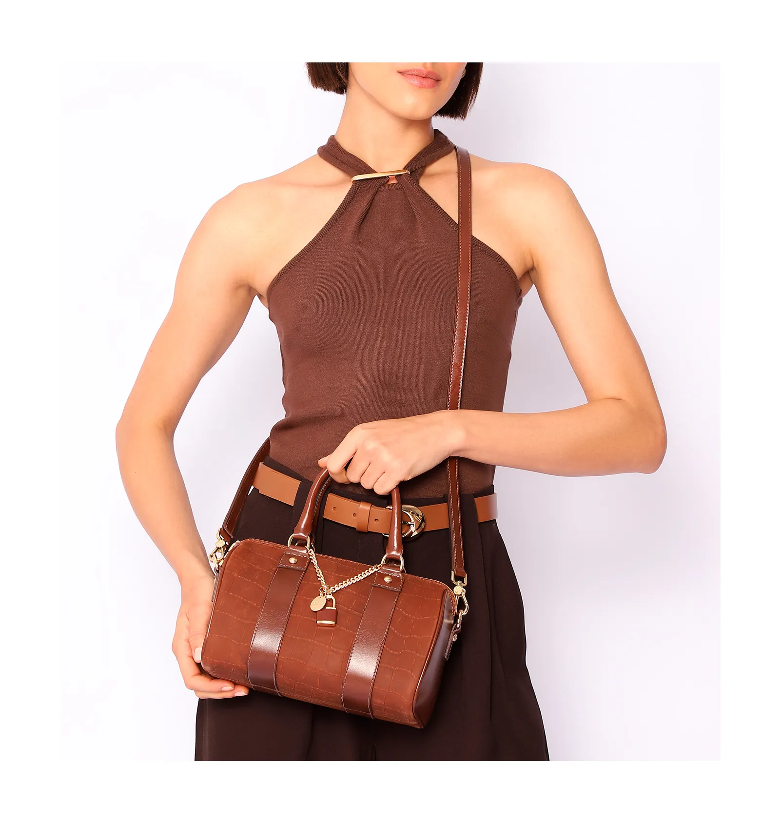 Bolsa De Mão Bowling Couro Nobuck Croco/Couro Marrom