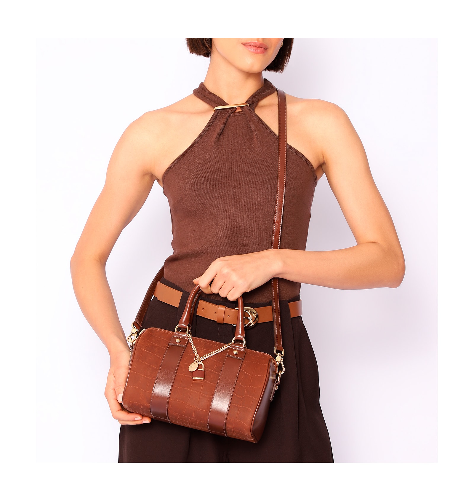 Bolsa De Mão Bowling Couro Nobuck Croco/Couro Marrom