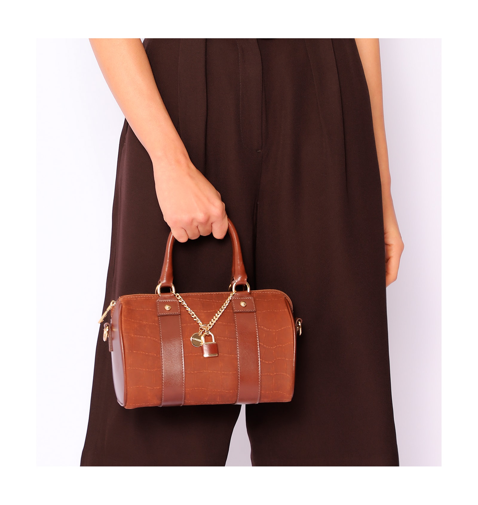 Bolsa De Mão Bowling Couro Nobuck Croco/Couro Marrom
