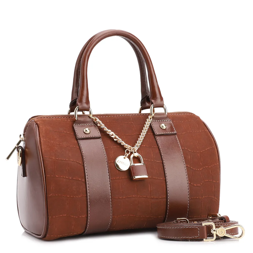 Bolsa De Mão Bowling Couro Nobuck Croco/Couro Marrom - imagem 3