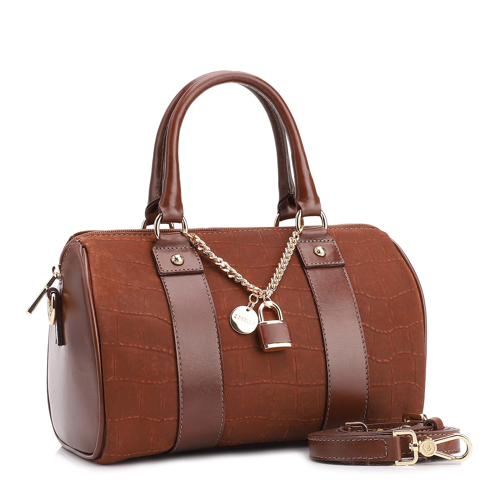 Bolsa De Mão Bowling Couro Nobuck Croco/Couro Marrom