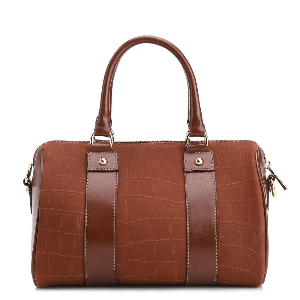 Bolsa De Mão Bowling Couro Nobuck Croco/Couro Marrom - imagem 4