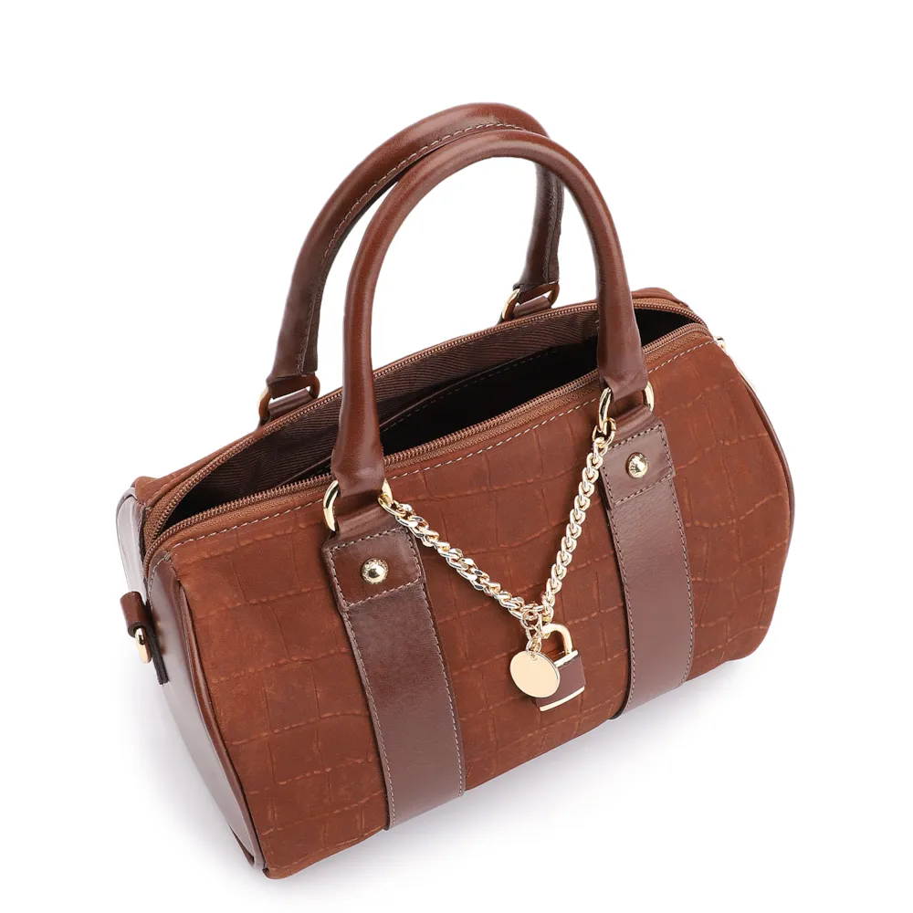 Bolsa De Mão Bowling Couro Nobuck Croco/Couro Marrom - imagem 5