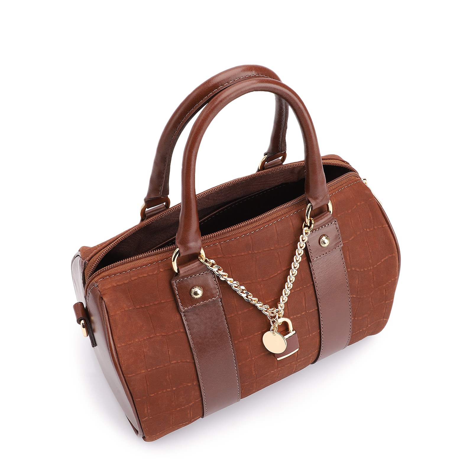 Bolsa De Mão Bowling Couro Nobuck Croco/Couro Marrom