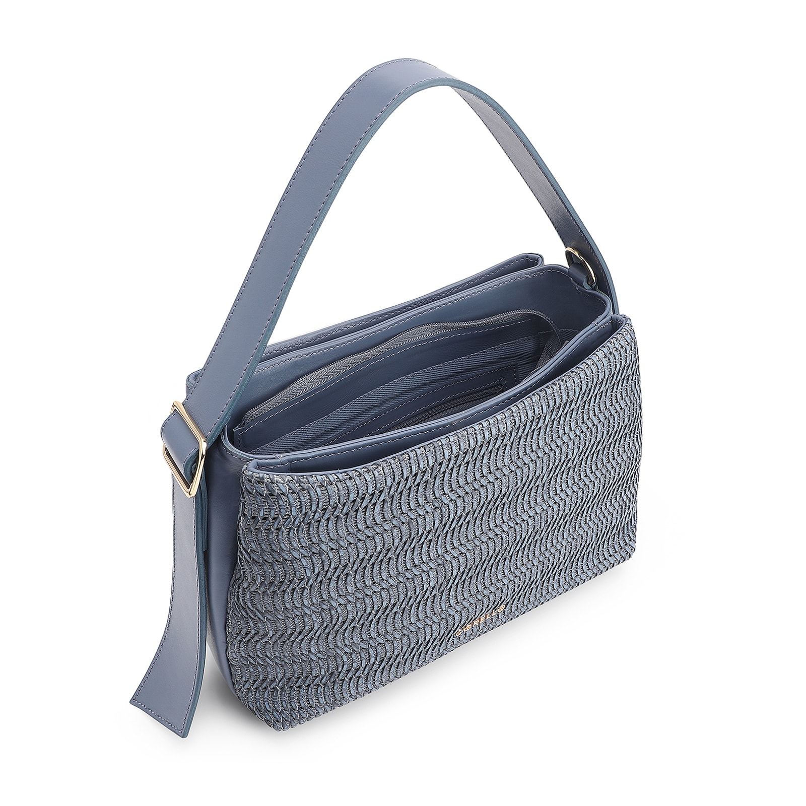 Bolsa De Mão Couro Azul/Alt Tramado Azul Claro