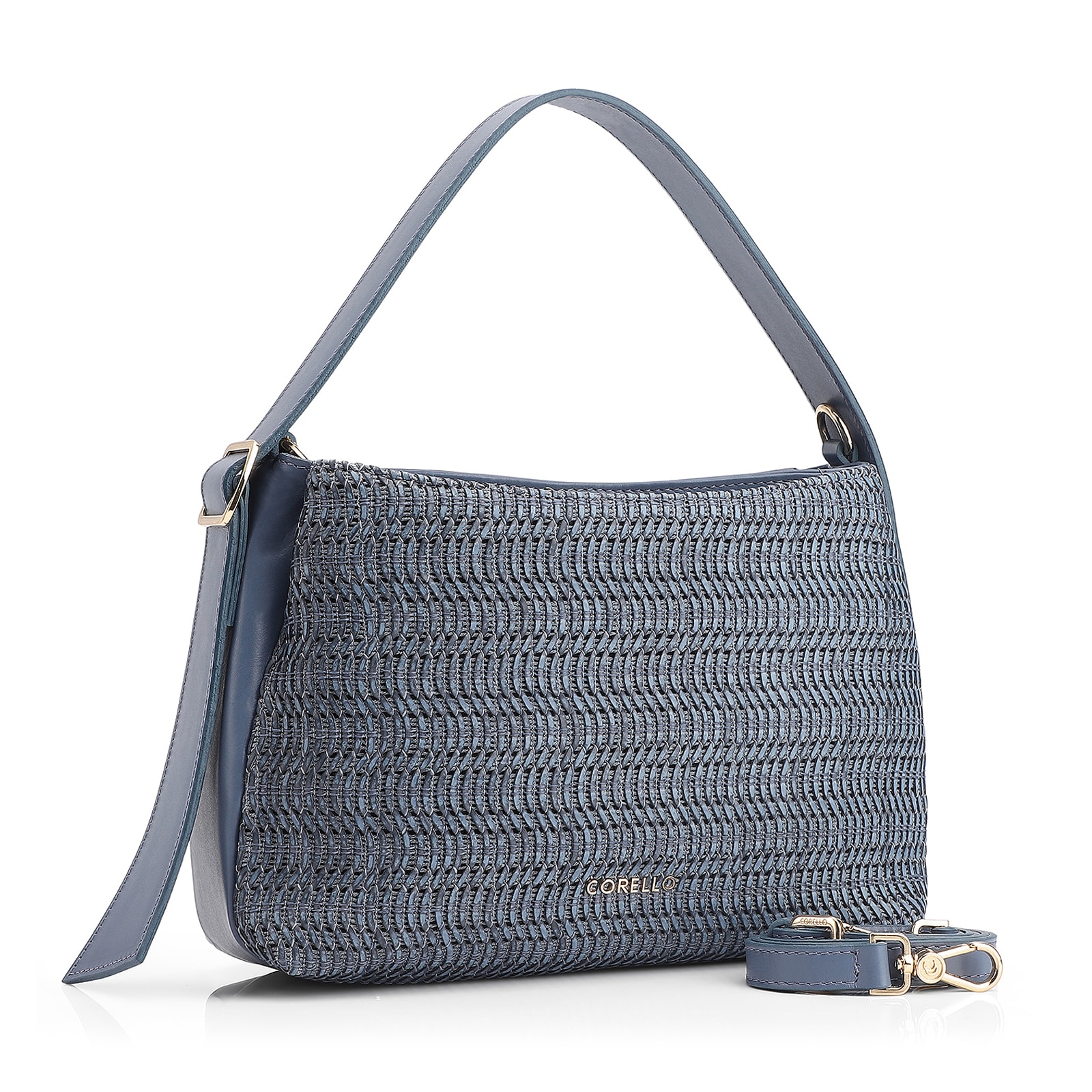 Bolsa De Mão Couro Azul/Alt Tramado Azul Claro