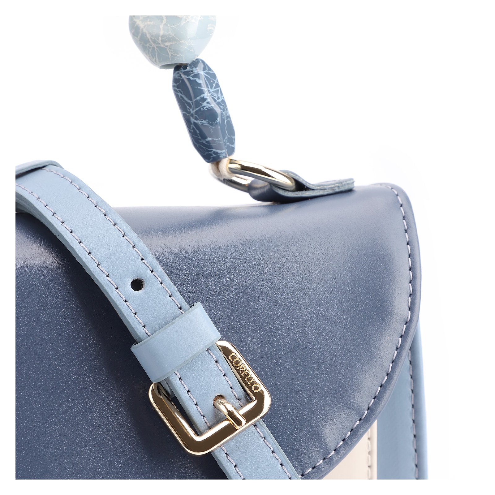 Bolsa De Mão Couro Azul/Couro Off White