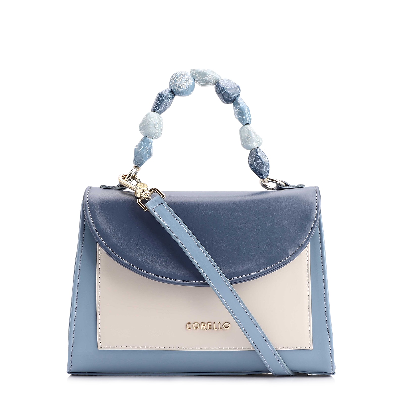 Bolsa De Mão Couro Azul/Couro Off White