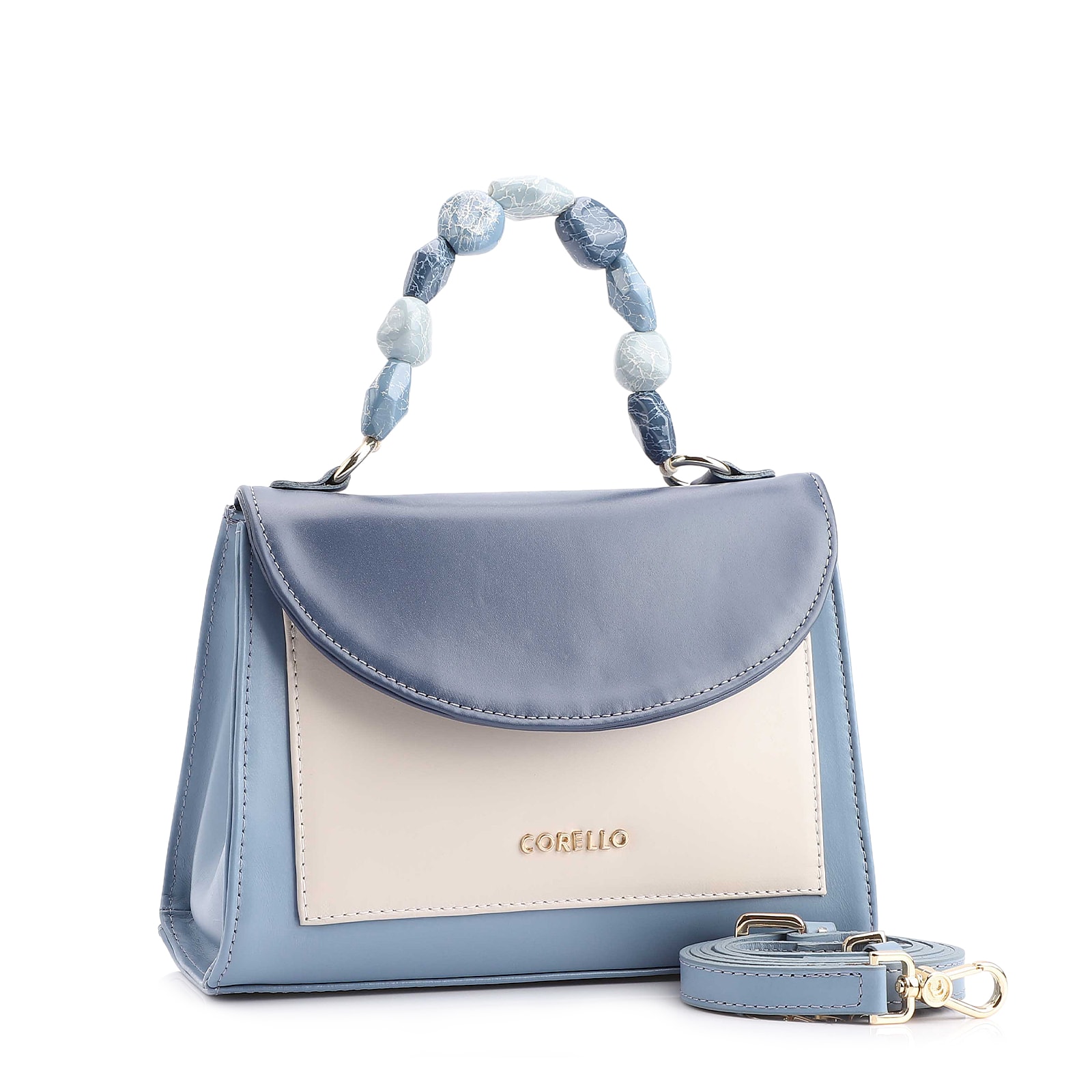 Bolsa De Mão Couro Azul/Couro Off White
